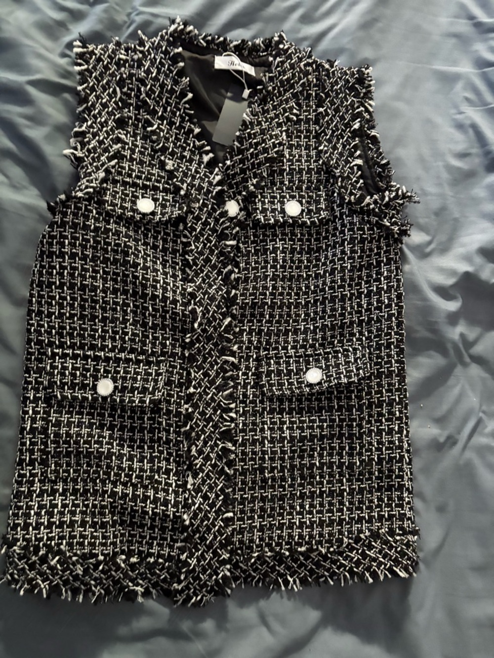 Chic Black & White Tweed Vest with Button Pockets - Unknown Brand